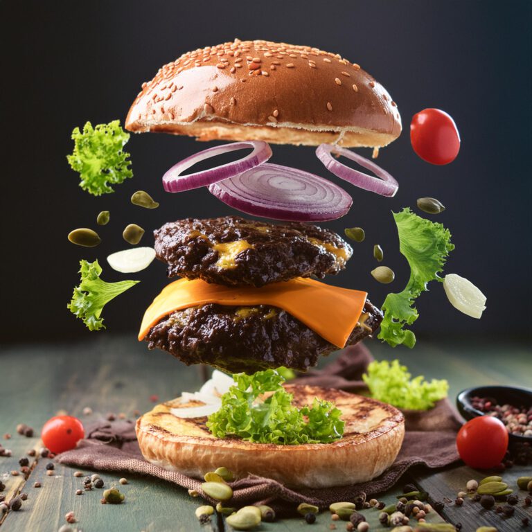 Firefly Ein fliegender Cheeseburger mit vielen Zutaten, der sehr lecker aussieht ohne Hintergrund 99